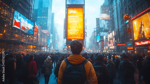Person with Backpack Amidst Bright City Lights