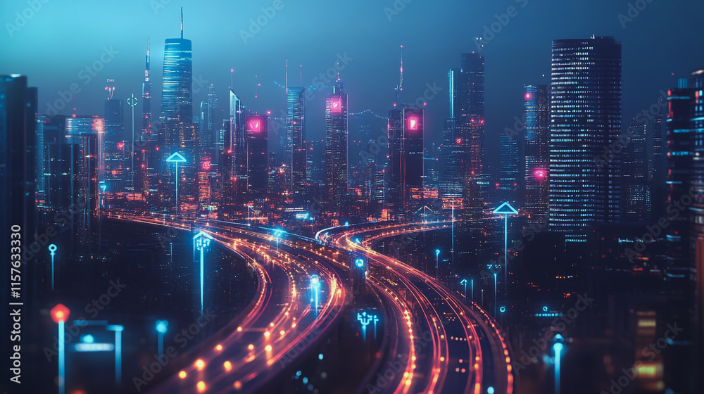 Fototapeta premium Smart digital Innovation city with connection network reciprocity over the cityscape. of future smart wireless digital city and social media networking systems that connects people with in city