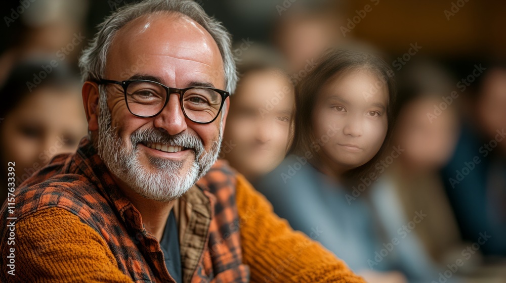 Fototapeta premium A teacher with a friendly expression sitting at the front of the class, explaining a concept with enthusiasm, students blurred in the background 