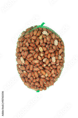 Bird Food Nuts in Green Plastic Net on White Background – Wildlife Feeding Supply Stock Photo