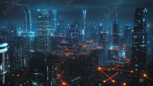 Smart digital Innovation city with connection network reciprocity over the cityscape. of future smart wireless digital city and social media networking systems that connects people with in city