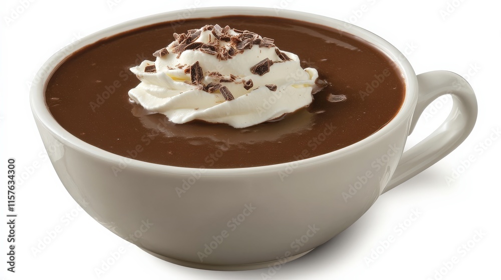 Rich and Creamy Chocolate Pudding with Whipped Cream Topping and Shaved Chocolate Garnish in a Classic White Bowl Against a Clean Background Rich and Creamy Chocolate Pudding with Whipped Cream Topping and Shaved Chocolate Garnish in a Classic White Bowl Against a Clean Background