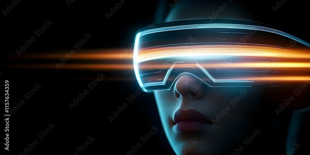A close-up of a woman wearing futuristic glasses with glowing lines and a dark background, suggesting advanced technology. Concept Futuristic Fashion, High-Tech Accessories, Close-Up Photography A close-up of a woman wearing futuristic glasses with glowing lines and a dark background, suggesting advanced technology. Concept Futuristic Fashion, High-Tech Accessories, Close-Up Photography