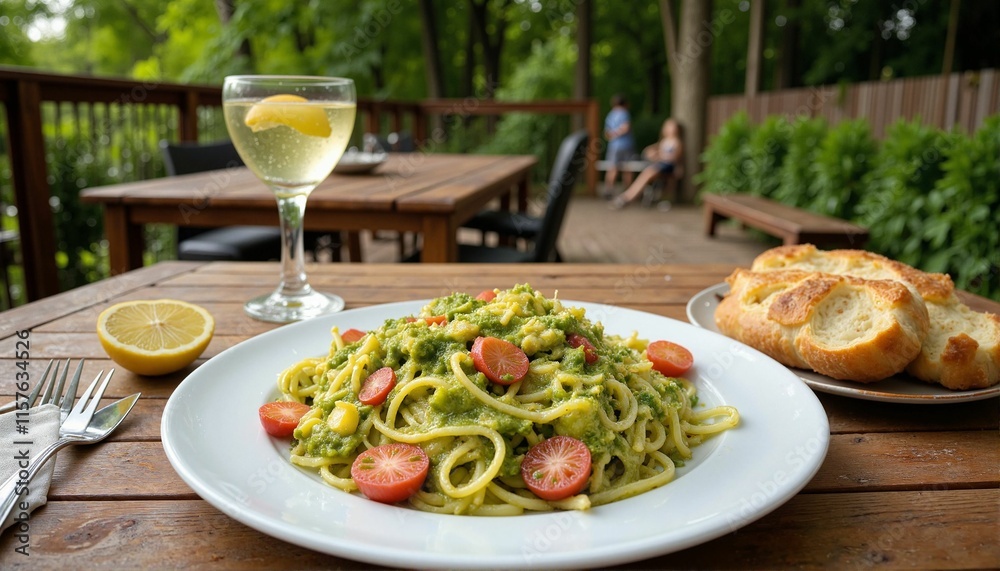 Vibrant pesto pasta on sunny outdoor patio, relaxed dining experience Vibrant pesto pasta on sunny outdoor patio, relaxed dining experience