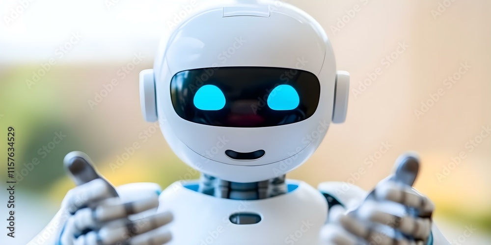 Naklejka premium A friendly, humanoid robot with a smiling face and blue eyes giving a thumbs-up gesture. Concept Humanoid Robot Design, Friendly Appearance, Smiling Face, Interactive Gesture, Futuristic Technology
