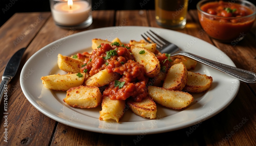 Delicious Patatas Bravas served on a plate in cozy restaurant, gourmet experience Delicious Patatas Bravas served on a plate in cozy restaurant, gourmet experience
