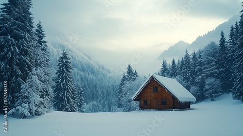 Secluded snowy cabin nestled in a frosty mountain valley.