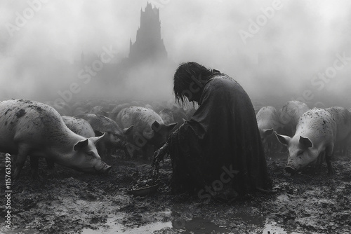 Prodigal Son Amidst Swine in a Desolate Landscape Reflecting on Choices and Redemption