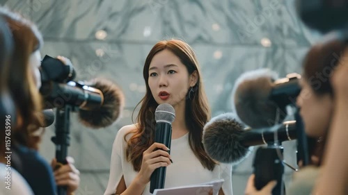 interview or press release concept, attractive asian woman talking with journalists