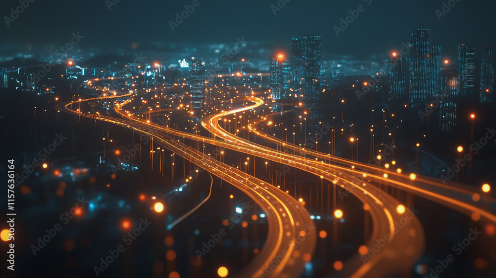 Fototapeta premium Smart digital Innovation city with connection network reciprocity over the cityscape. of future smart wireless digital city and social media networking systems that connects people with in city