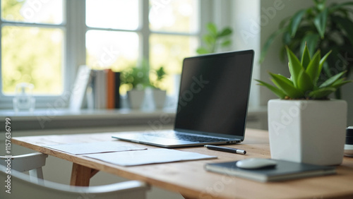 Modern Workspace: Stylish Desk with Laptop and Design Tools for Creative Professionals and Remote Work Inspiration photo