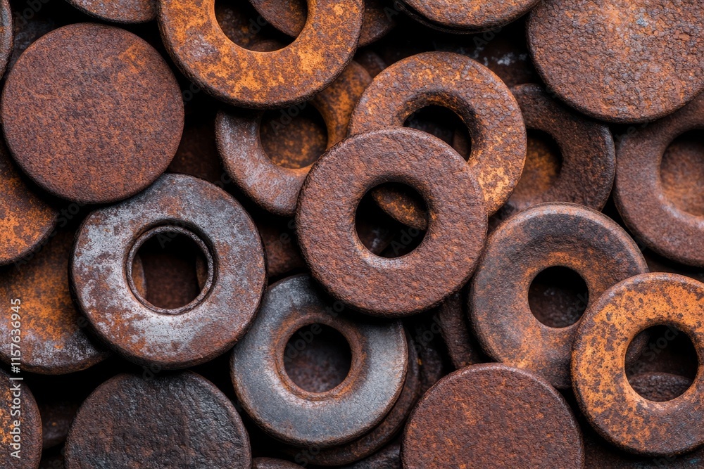 Close-Up Rusty Metal Washers and Circlips - A close-up view of aged, rusty metal washers and circlips, symbolizing time, durability, industry, decay, and texture. Close-Up Rusty Metal Washers and Circlips - A close-up view of aged, rusty metal washers and circlips, symbolizing time, durability, industry, decay, and texture.