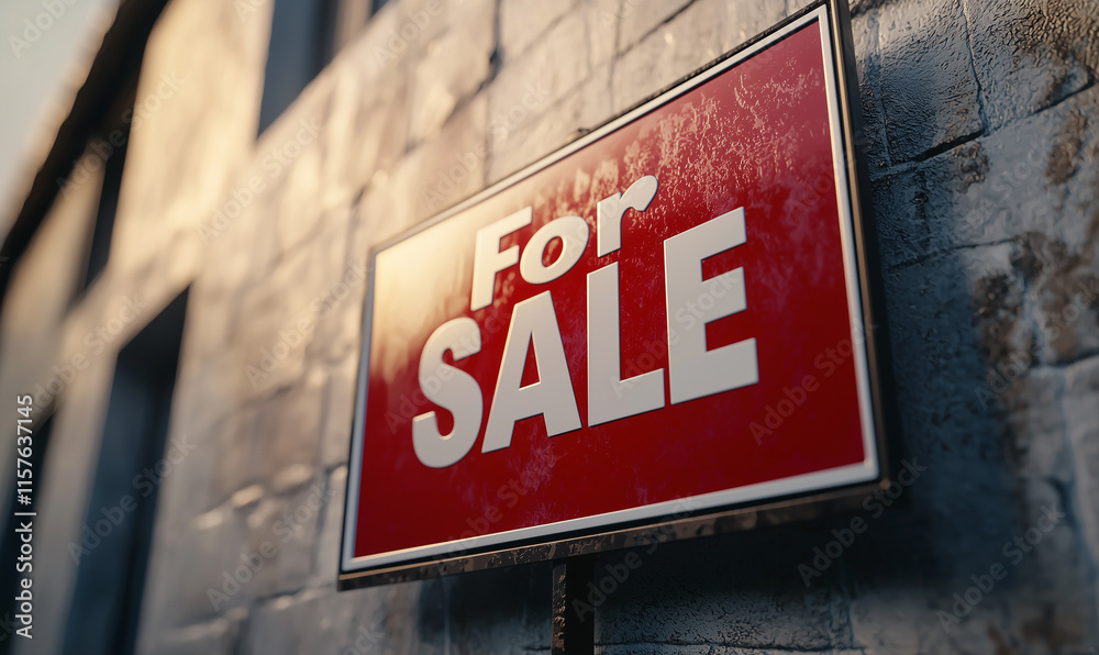 Sign indicating a property is for sale, featuring bold red letters against a textured background, suggesting real estate opportunities. Sign indicating a property is for sale, featuring bold red letters against a textured background, suggesting real estate opportunities.