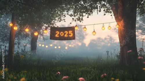 A quiet countryside meadow at dusk, glowing lanterns in the trees and A vibrant text 2025 on a banner hanging between two wooden posts photo