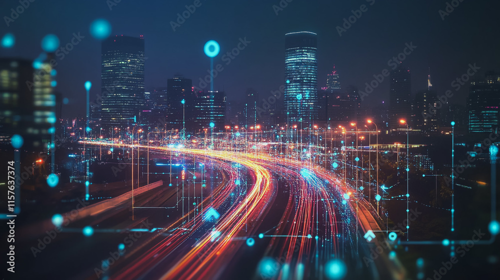 Smart digital Innovation city with connection network reciprocity over the cityscape. of future smart wireless digital city and social media networking systems that connects people with in city Smart digital Innovation city with connection network reciprocity over the cityscape. of future smart wireless digital city and social media networking systems that connects people with in city