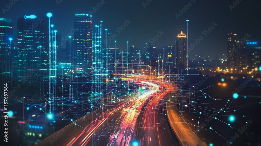 Fototapeta premium Smart digital Innovation city with connection network reciprocity over the cityscape. of future smart wireless digital city and social media networking systems that connects people with in city
