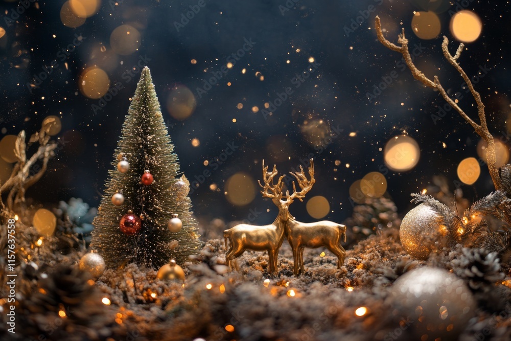 Golden reindeer near illuminated Christmas tree with ornaments and blurred bokeh light background.