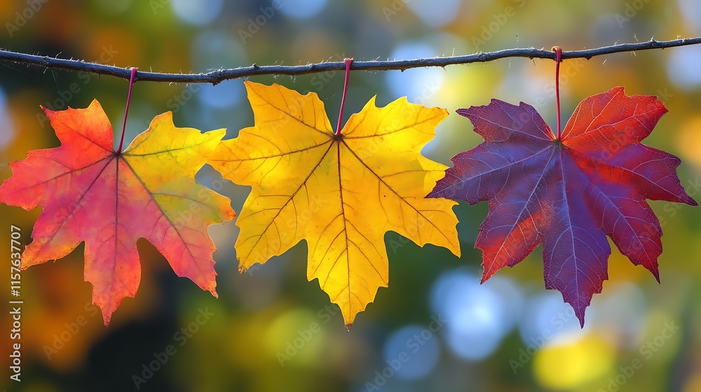 Three Autumn Maple Leaves Hanging From Branch Three Autumn Maple Leaves Hanging From Branch