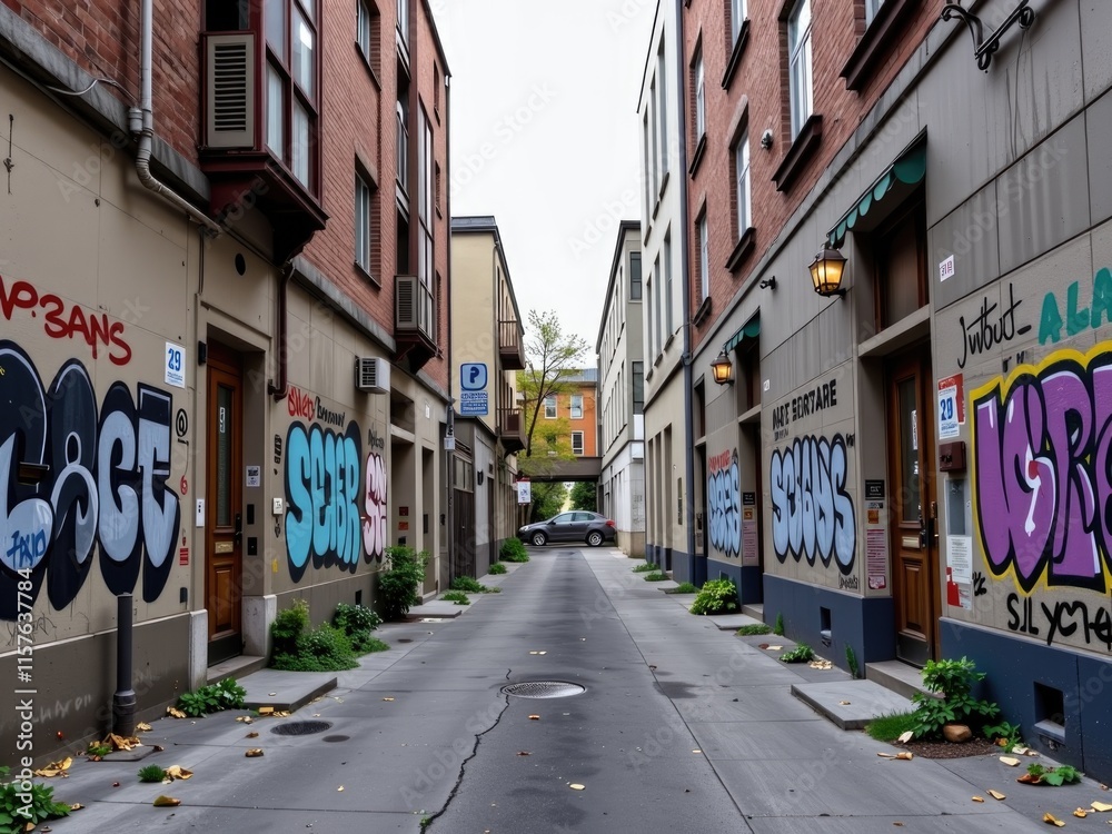 Urban Alleyway Graffiti Art City Street Building Facades Parking Cars Urban Alleyway Graffiti Art City Street Building Facades Parking Cars