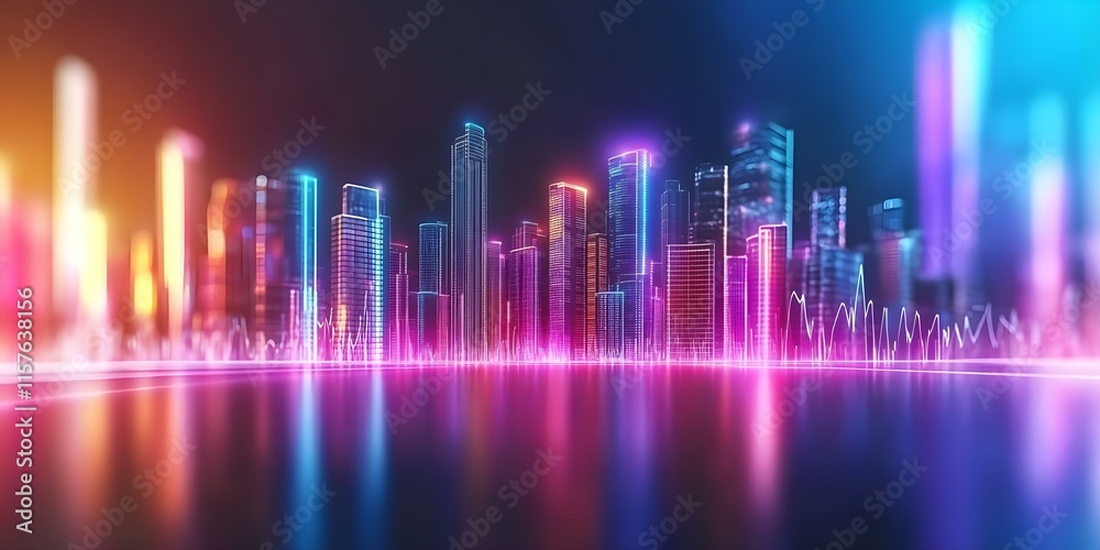 A colorful, futuristic city skyline illuminated with neon lights, reflecting on a smooth surface. Concept Futuristic City Skyline, Neon Lights, Reflective Surfaces, Urban Aesthetics A colorful, futuristic city skyline illuminated with neon lights, reflecting on a smooth surface. Concept Futuristic City Skyline, Neon Lights, Reflective Surfaces, Urban Aesthetics