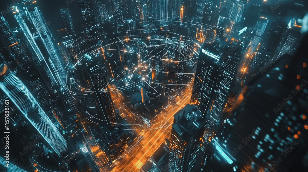 Smart digital Innovation city with connection network reciprocity over the cityscape. of future smart wireless digital city and social media networking systems that connects people with in city Smart digital Innovation city with connection network reciprocity over the cityscape. of future smart wireless digital city and social media networking systems that connects people with in city