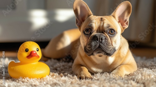 French bulldog relaxing beside a bright rubber duck squeaky toy in a cozy room