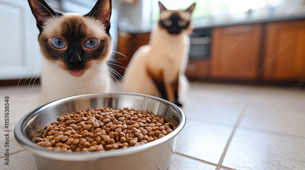 Playful Siamese cat watches eagerly as kibble fills shiny stainless steel bowl in kitchen Playful Siamese cat watches eagerly as kibble fills shiny stainless steel bowl in kitchen
