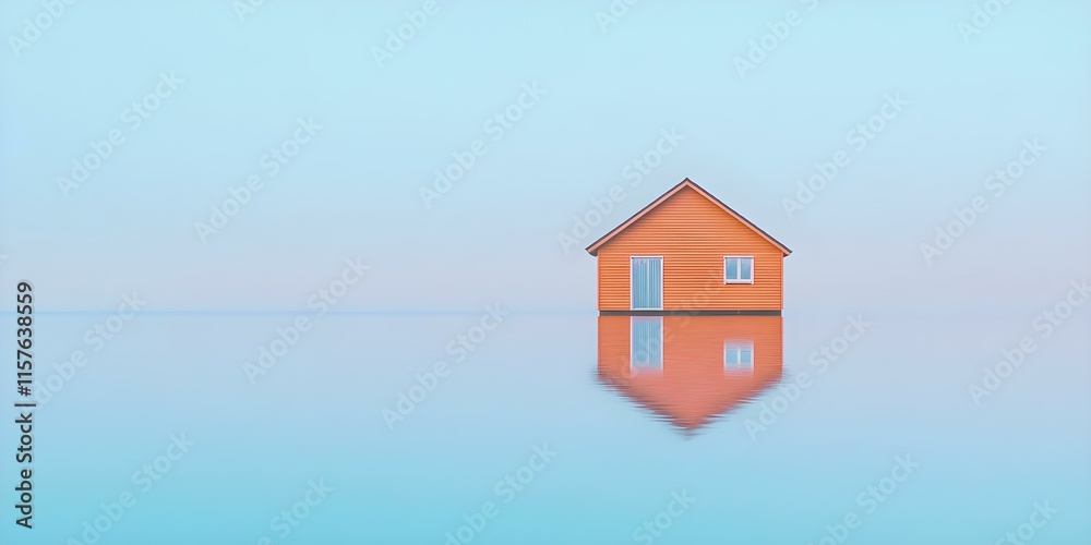 A solitary orange house stands on calm water, reflecting its image against a soft, pastel sky. Concept Solitary House, Water Reflection, Pastel Sky, Tranquil Landscape, Serene Imagery A solitary orange house stands on calm water, reflecting its image against a soft, pastel sky. Concept Solitary House, Water Reflection, Pastel Sky, Tranquil Landscape, Serene Imagery