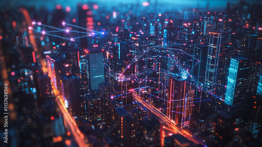 Smart digital Innovation city with connection network reciprocity over the cityscape. of future smart wireless digital city and social media networking systems that connects people with in city Smart digital Innovation city with connection network reciprocity over the cityscape. of future smart wireless digital city and social media networking systems that connects people with in city