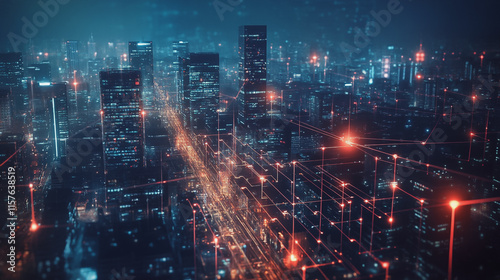 Wallpaper Mural Smart digital Innovation city with connection network reciprocity over the cityscape. of future smart wireless digital city and social media networking systems that connects people with in city Torontodigital.ca