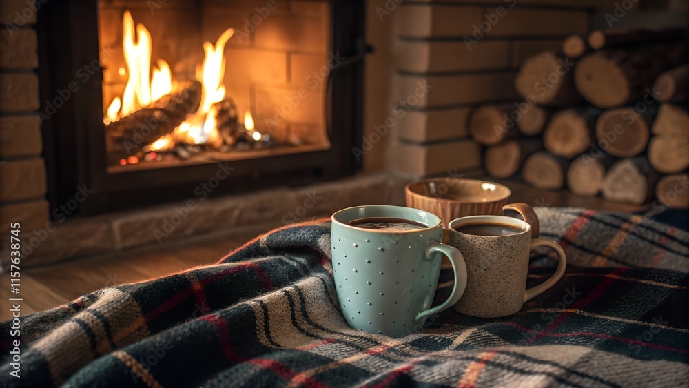 A cozy fireplace setting with two mugs of warm beverages resting on a plaid blanket, inviting warmth and relaxation. light warm tones
A cozy fireplace setting with two mugs of warm beverages resting on a plaid blanket, inviting warmth and relaxation. light warm tones