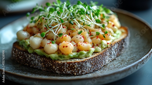 Toasted bread topped with mashed avocado, white beans, and sprouts. photo