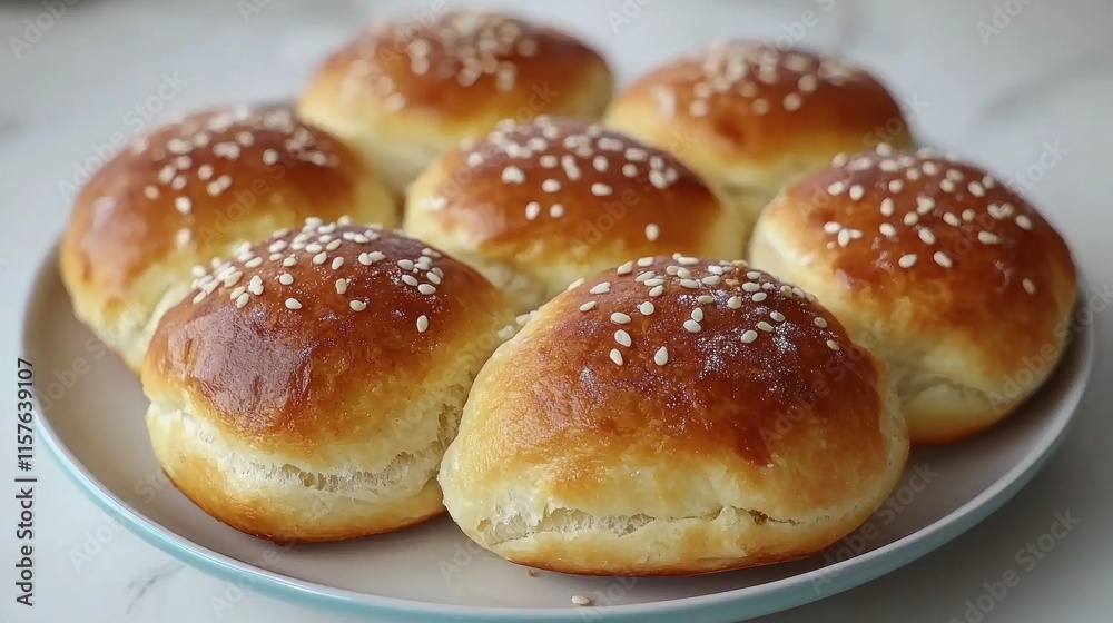 Freshly baked soft buns topped with sesame seeds on a plate. Freshly baked soft buns topped with sesame seeds on a plate.