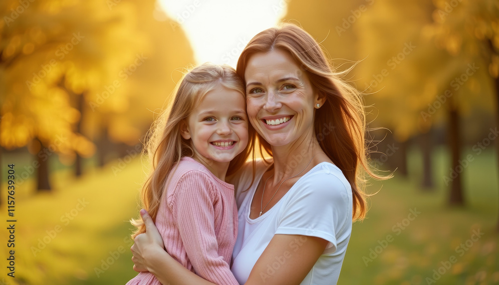 Fototapeta premium Mother and Daughter Embrace in Autumn Park