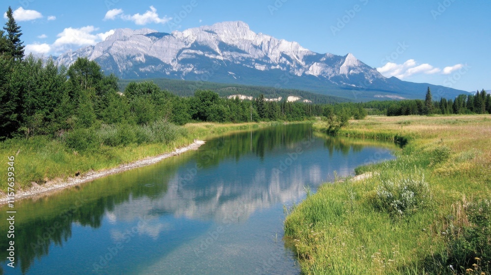 Fototapeta premium Serene Mountain Landscape with Reflective River and Blue Sky