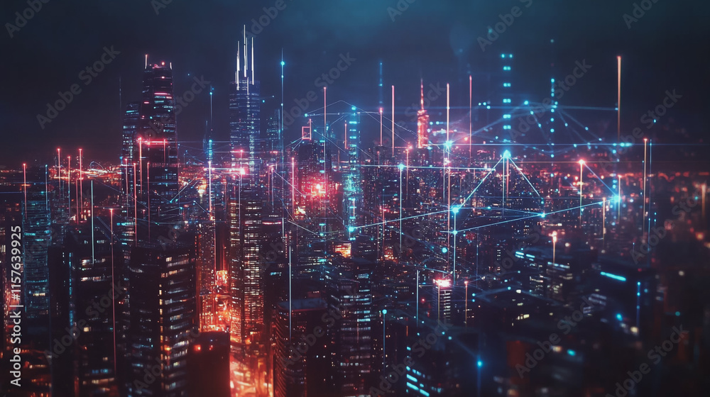 Obraz premium Smart digital Innovation city with connection network reciprocity over the cityscape. of future smart wireless digital city and social media networking systems that connects people with in city