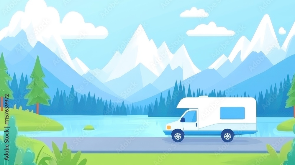 Scenic Landscape with RV Near Calm Lake and Towering Mountains in Background Scenic Landscape with RV Near Calm Lake and Towering Mountains in Background