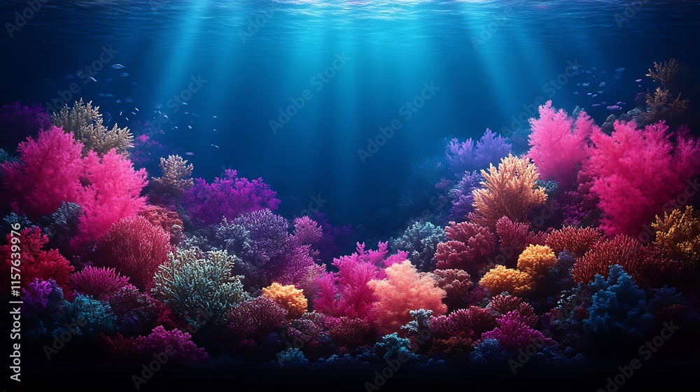 Naklejka premium Vibrant Coral Reef Underwater Scene With Fish