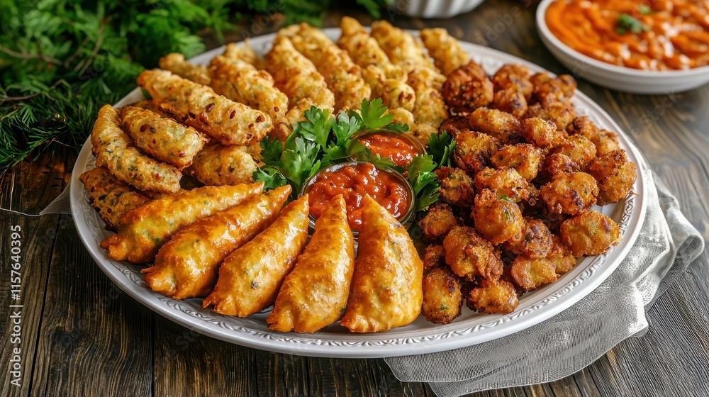 A platter of various fried snacks with dipping sauces. A platter of various fried snacks with dipping sauces.