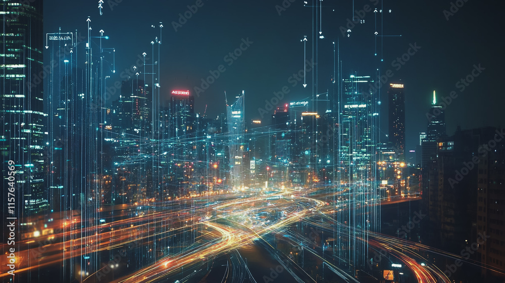 Naklejka premium Smart digital Innovation city with connection network reciprocity over the cityscape. of future smart wireless digital city and social media networking systems that connects people with in city