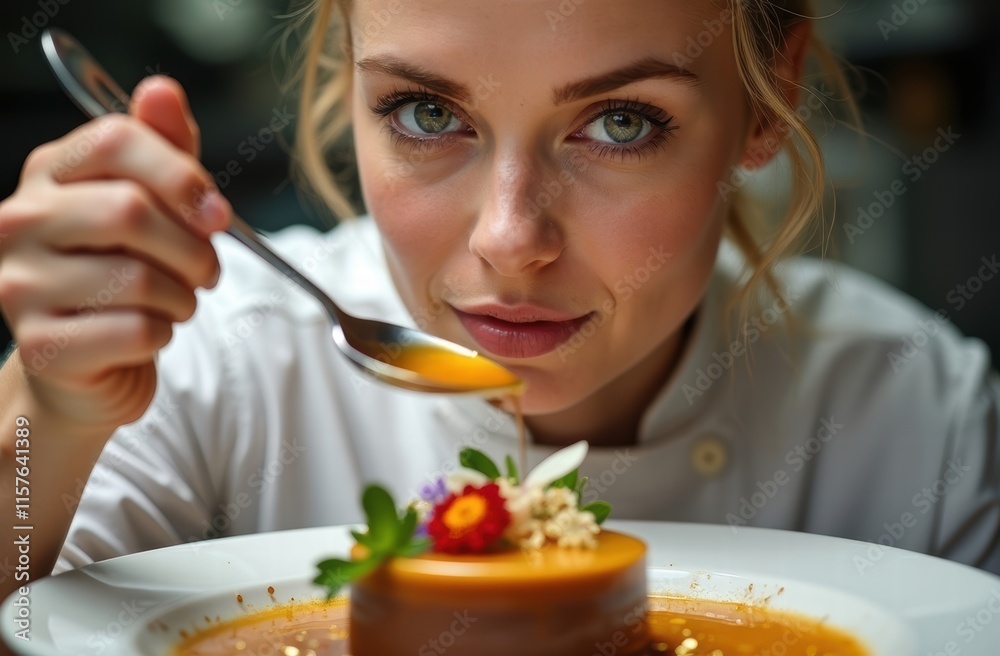 A portrait of a woman chef, caught in the act of garnishing an exquisite cuisine A portrait of a woman chef, caught in the act of garnishing an exquisite cuisine