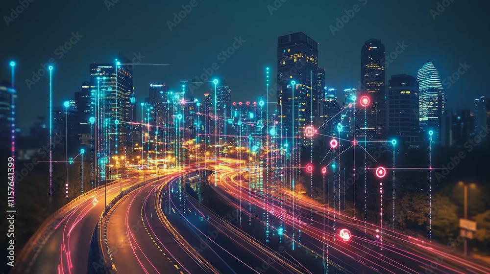 Fototapeta premium Smart digital Innovation city with connection network reciprocity over the cityscape. of future smart wireless digital city and social media networking systems that connects people with in city