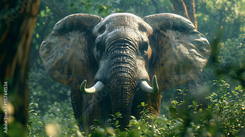 african elephant with large tusks and powerful trunk, wildlife safari adventure, closeup of the wild elephant face in its natural african savannah
 photo