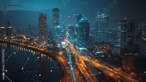 Smart digital Innovation city with connection network reciprocity over the cityscape. of future smart wireless digital city and social media networking systems that connects people with in city