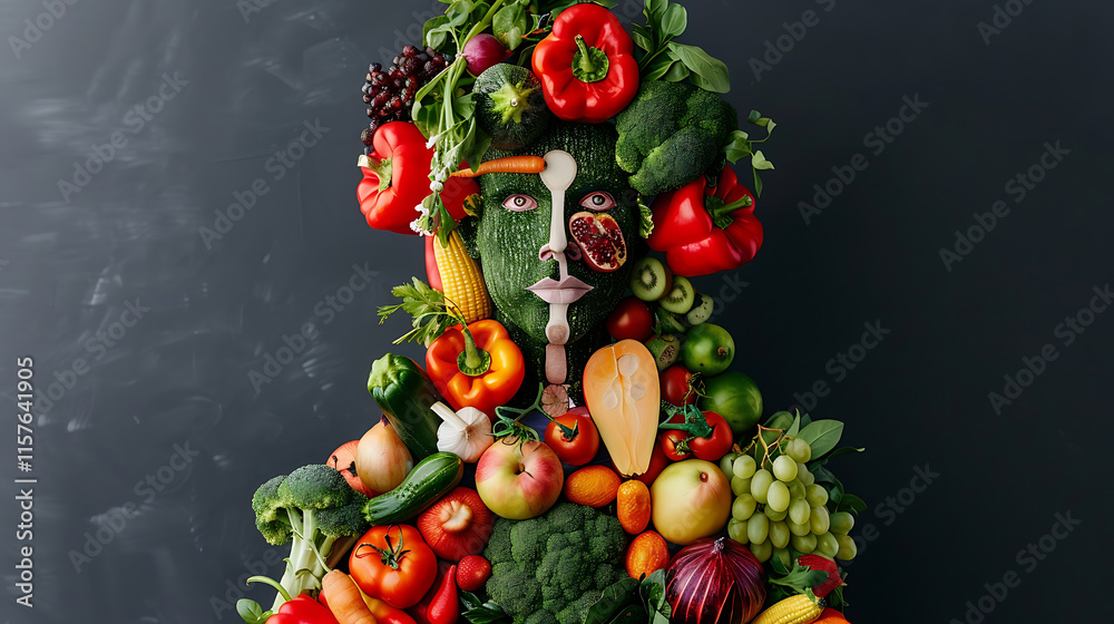 vegan lifestyle concept with a man made of fruits and vegetables, emphasizing healthy eating habits and fitness through plant-based food
vegan lifestyle concept with a man made of fruits and vegetables, emphasizing healthy eating habits and fitness through plant-based food