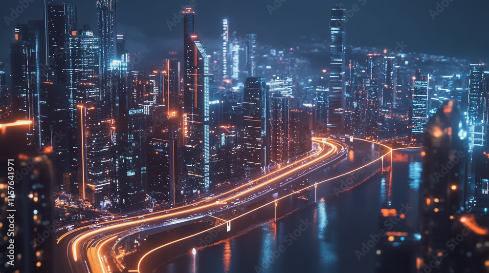 Fototapeta premium Smart digital Innovation city with connection network reciprocity over the cityscape. of future smart wireless digital city and social media networking systems that connects people with in city