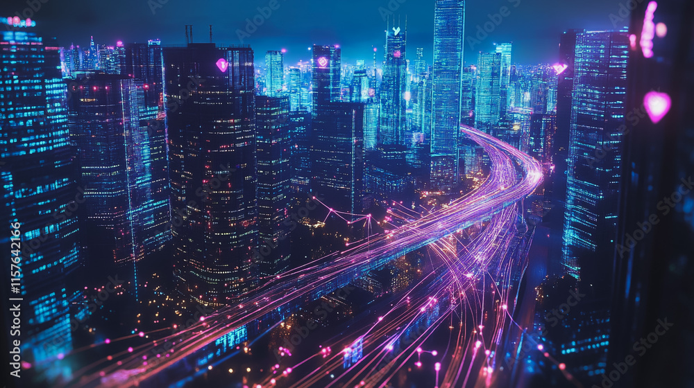 Smart digital Innovation city with connection network reciprocity over the cityscape. of future smart wireless digital city and social media networking systems that connects people with in city Smart digital Innovation city with connection network reciprocity over the cityscape. of future smart wireless digital city and social media networking systems that connects people with in city