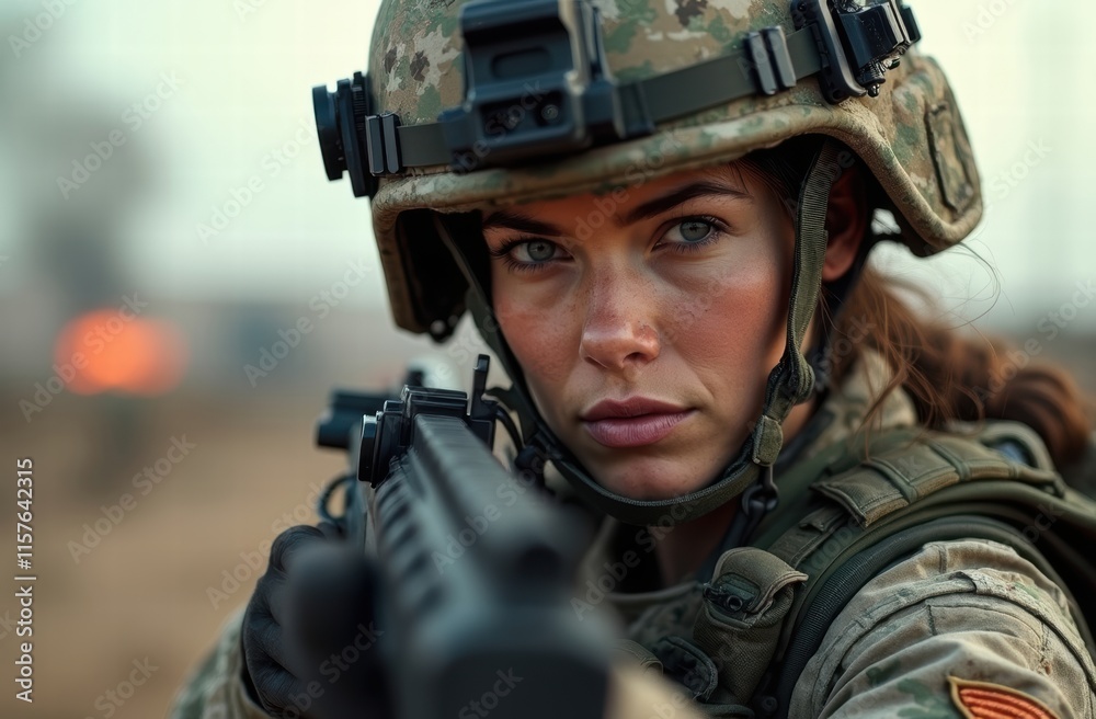 A portrait of a woman army veteran in action, set in a rugged outdoor battlefield environment. A portrait of a woman army veteran in action, set in a rugged outdoor battlefield environment.