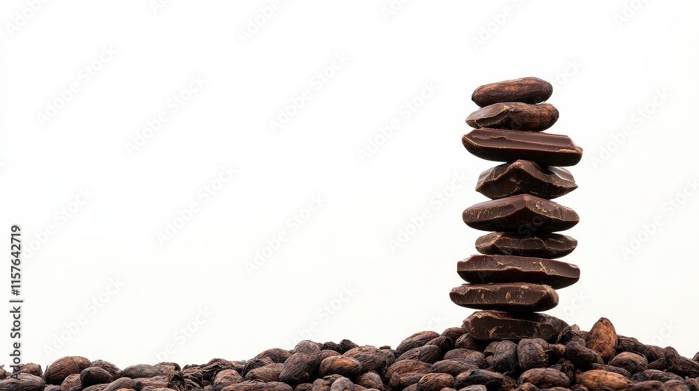Stacked Chocolate Bars on Cocoa Beans with a Clean White Background for Delicious Treats and Gourmet Dessert Concepts Stacked Chocolate Bars on Cocoa Beans with a Clean White Background for Delicious Treats and Gourmet Dessert Concepts