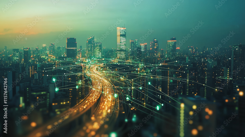 Obraz premium Smart digital Innovation city with connection network reciprocity over the cityscape. of future smart wireless digital city and social media networking systems that connects people with in city